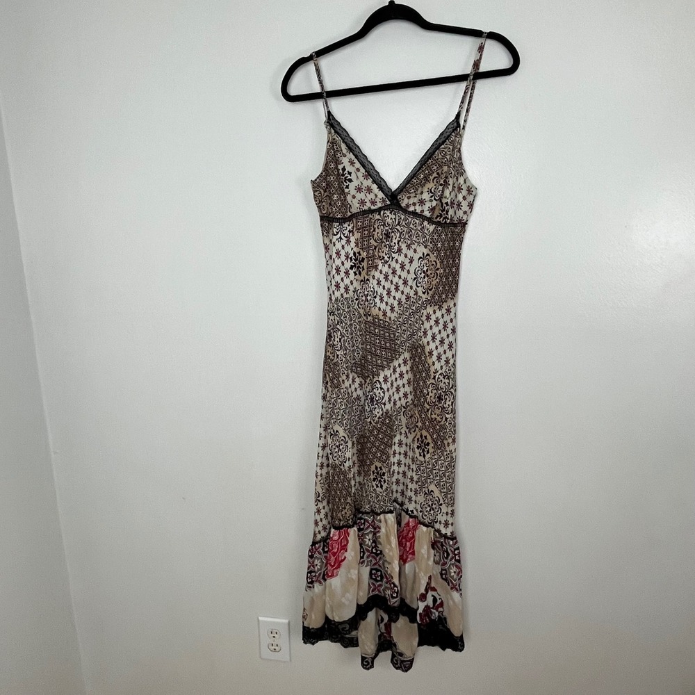 Patchwork Maxi Dress Lace Trim Bebe Boho Womens Small Cream Brown Floral Y2K - Picture 6 of 10